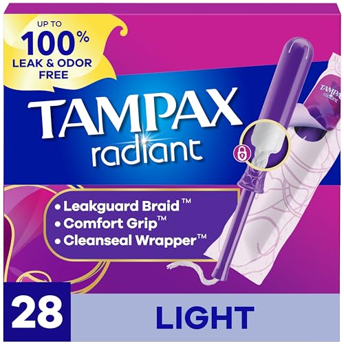 Tampax Radiant Tampons Light Absorbency with BPA-Free Plastic Applicator and LeakGuard Braid, Unscented, 28 Count