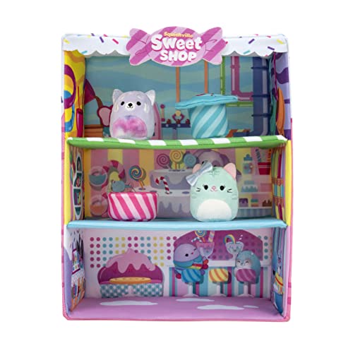 Squishville by Original Squishmallows Sweet Shop - Playset with 2-Inch Priya The Purple Panda, Tres’zure The Teal Cat & Bistro Table and Chair - Toys for Kids