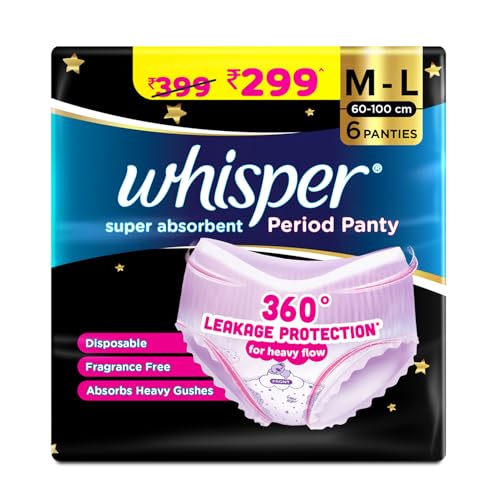 Super Absorbent Period Panty, 6 M-L Pants, 360 Degree Leakage Protection* for Heavy Flow, Panty like Fit, Full back Coverage, Absorbs Heavy Gushes, Si