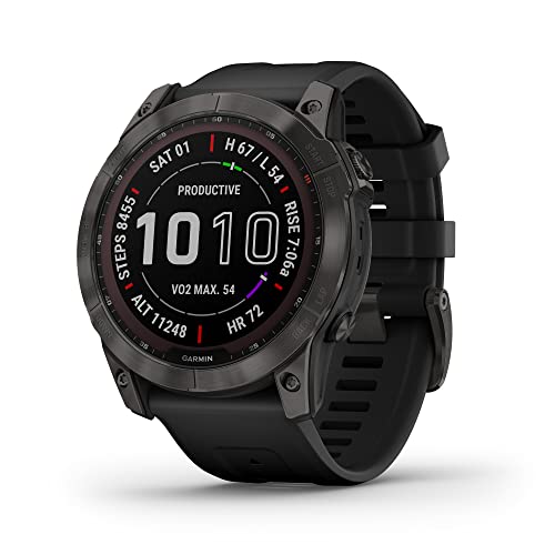 Garmin Fenix 7X Sapphire Solar, Larger Adventure smartwatch, with Solar Charging Capabilities, Rugged Outdoor Watch with GPS, Touchscreen, Wellness Features, Carbon Gray DLC Titanium with Black Band