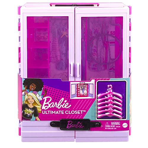 Barbie Fashionistas Ultimate Closet & 6 Hangars, Purple with Fold-Out Rack & Carrying Handle, Portable Storage for Barbie Doll Clothes & Accessories