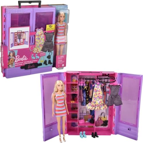 Barbie Fashionistas Coffret Le Dressing De Rêve De, avec Poupée Mannequin, Habillages, Accessoires Et Cintres, Jouet Enfant, Dès 3 Ans, HJL66