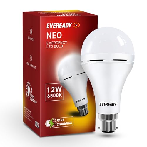 Eveready 12W Emergency Inverter LED Bulb, Cool Day Light (6500K), Rechargeable Bulb with 3 Hours Backup, Ideal for Powercuts, Energy Efficient, B22 Ba