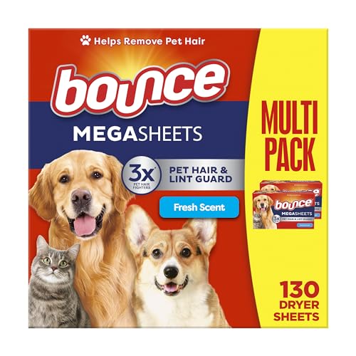 Bounce Pet Hair and Lint Guard Mega Dryer Sheets with 3X Pet Hair Fighters, Fresh Scent, 130 Count, Bounce Dryer Sheets, Fabric Softener Sheets