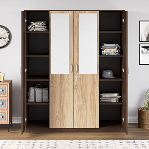 Nilkamal Willy 4 Door Wooden Wardrobe With Mirror for Bedroom | Almirah with 1 Hanging Rod, 12 Shelves & 1 Locakble Drawer | Clothes Cupboard | Engine