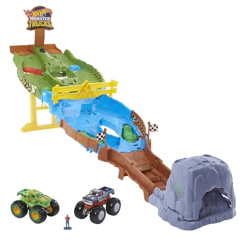 Hot Wheels Monster Trucks Playset with Monster Trucks Bigfoot & Gunkster, Convenient Storage, Wreckin’ Raceway