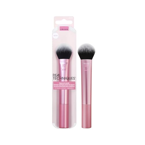 Real Techniques Tapered Cheek Makeup Brush, For Blush, Highlighter, Loose, Or Pressed Powder, Blush Brush With Synthetic Bristles, Precise Makeup Application, Aluminum Handle, Cruelty Free, 1 Count