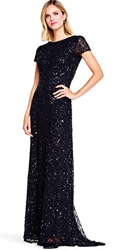 Adrianna Papell Women's Short-Sleeve All Over Sequin Gown, Black, 14