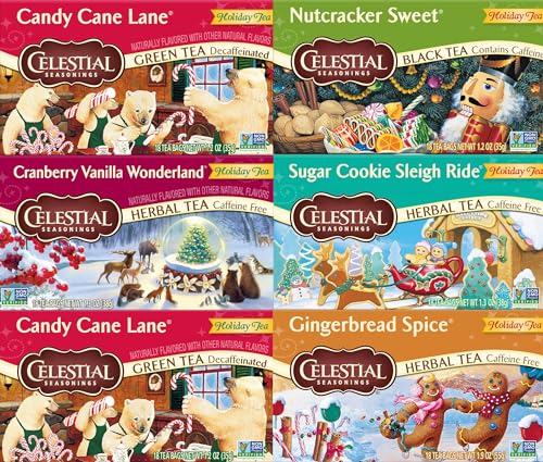 Celestial Seasonings Holiday Tea Sampler Herbal Variety Pack, Caffeine Free, 18 Tea Bags Box (Pack of 6)