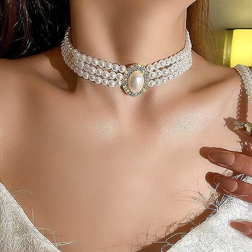 Octwine Boho 3 Tier Multilayer Dainty Rhinestones Pearls Chunky Short 1920s Choker Necklace
