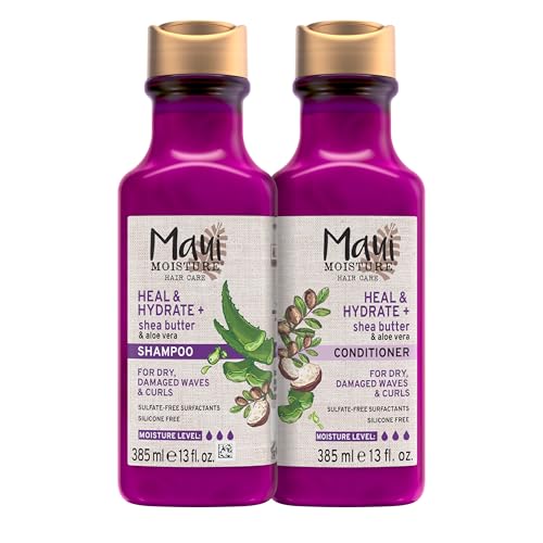 Maui Moisture Heal & Hydrate + Shea Butter Shampoo & Conditioner Bundle, Hair Care Set with Shea Butter & Aloe Vera for Dry, Damaged Waves & Curls, Silicone-Free, Two Pack, 2 x 13 fl. oz
