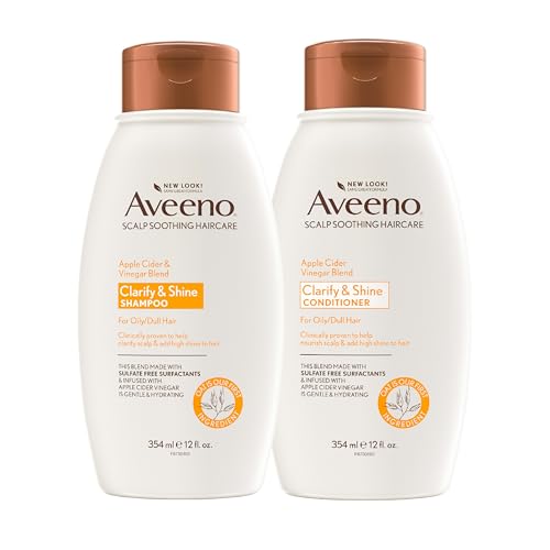 Aveeno Apple Cider Vinegar Shampoo + Conditioner for Balance & High Shine, Daily Clarifying & Soothing Scalp Shampoo for Oily or Dull Hair, Paraben & Dye-Free, 12 Fl Oz (Package May Vary)