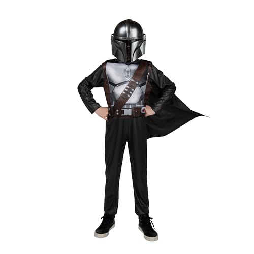 Star Wars The Mandalorian Official Youth Halloween Costume - Printed Jumpsuit with Plastic Mask (M) Brown
