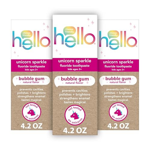 hello Unicorn Sparkle Kids Toothpaste with Fluoride, Bubble Gum Toothpaste, 4.2 Oz Tube (Pack of 3)