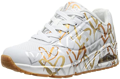 (-51%) Skechers Damen UNO Metallic Love Trainers, White and Multi Metallic Heart Print Durabuck, 42 EU