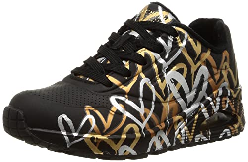 (-46%) Skechers Damen UNO Metallic Love Trainers, Black and Multi Metallic Heart Print Durabuck, 36 EU
