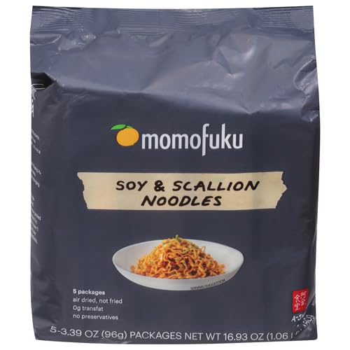 Momofuku Soy & Scallion Ramen Noodles by David Chang, 5 Count (Pack of 1) Air-Dried Vegan Instant Noodles with Sauce