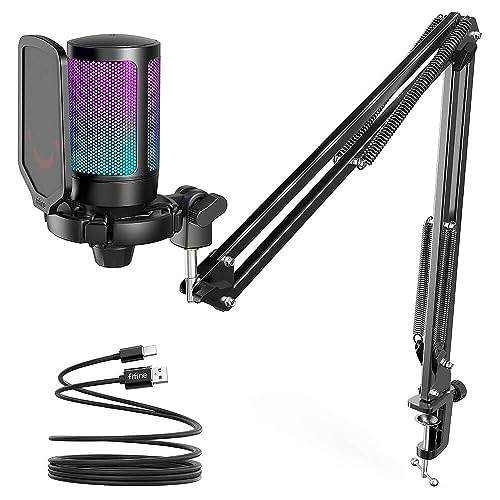 FIFINE Gaming PC USB Microphone, Podcast Condenser Mic with Boom Arm, Pop Filter, Mute Button for Streaming, Twitch, Online Chat, RGB Computer Mic for PS4/5 PC Gamer Youtuber-AmpliGame A6T