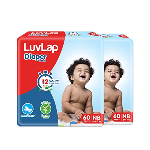 LuvLap Pant Style Baby Diapers, Newborn (NB) For babies of upto 5kg, 120 Count (60x 2) with Aloe Vera Lotion for rash protection, with upto 12hr prote