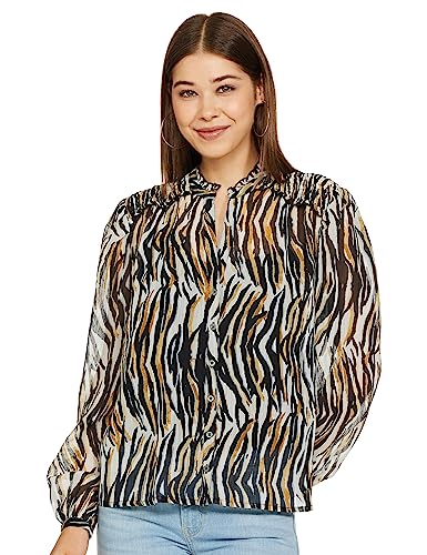 Women's Cotton Regular Fit Shirt Collar Animal Print Peasant Top