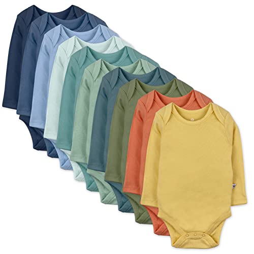HonestBaby 10-Pack Long Sleeve Bodysuits One-piece 100% Organic Cotton for Infant Baby Boys, Girls, Unisex , Rainbow Gems Blues, 0-3 Months