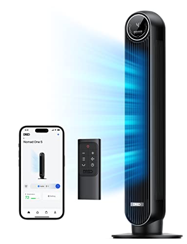 Dreo Ventilador de torre inteligente, ventiladores silenciosos de 28 dB para quarto, ventilador elétrico de velocidade de 7,3 m/s, ventilador oscilante de 90° sem pás, controle remoto de