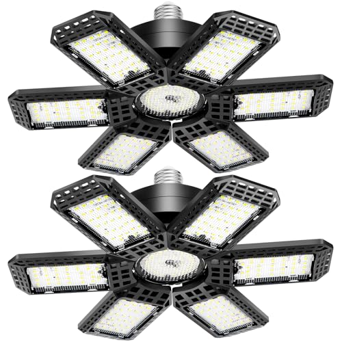 AUDLES 2 Pack Garage Light, 200W 20000LM 6500K LED Shop Lights, Garage Lights Ceiling Led with 6+1 Deformable Panels, Screw in E26/E27 Socket Bulb for Warehouse, Workshop, Basement, Barn Lighting