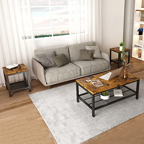 AWQM Coffee Table Industrial Coffee Table with 2 Square End Side Tables, Modern Living Room Table Set with Metal Frame for Apartment Home Office, Rustic Brown Set001