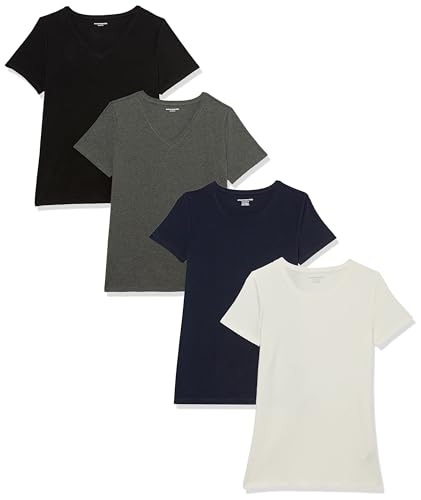 Amazon Essentials Women's Regular-Fit Short-Sleeve Crewneck T-Shirt, Pack of 4, Black/Charcoal Heather/Navy/White, X-Large