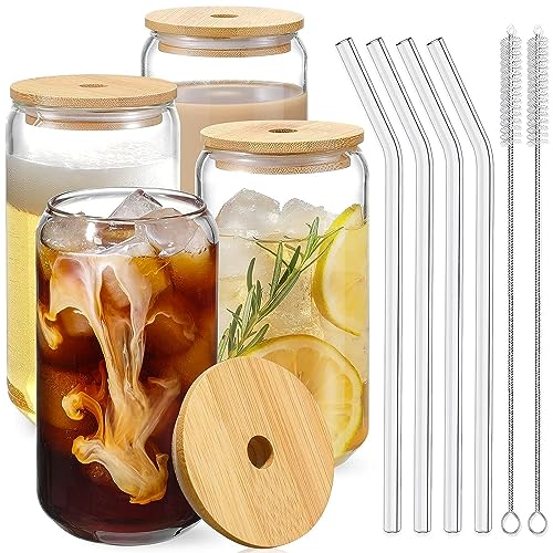 Drinking Glasses with Bamboo Lids and Glass Straw 4pcs Set - 16oz Glass Cups, Iced Coffee Glasses, Cute iced Tea Glasses, Beer Glasses, Ideal for Coffee Bar Accessories, Aesthetic Gift - 2 Brushes