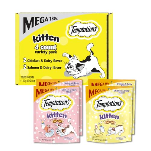 Temptations Kitten Crunchy and Soft Treats Chicken and Dairy and Salmon and Dairy Variety Pack, 6.3 oz. Pouches (Pack of 4)