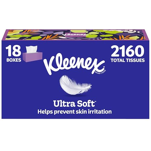 Kleenex Ultra Soft Facial Tissues, 18 Flat Boxes, 120 Tissues per Box, 3-Ply (2,160 Total), Packaging May Vary
