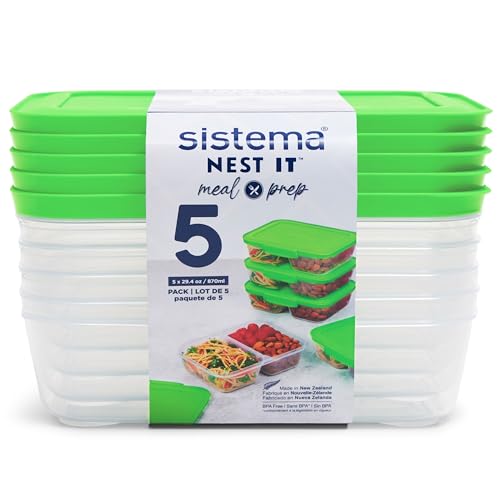 🔥 STARKER PREIS (-10%) Sistema Nest IT Frischhaltedosen Meal Prep Boxen | 870 ml luftdichte Vorratsdosen mit Zwei Fächern und Deckel | Grün | 5 Stück