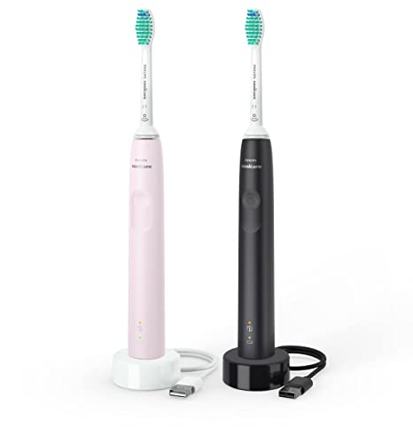 (-52%) Philips Sonicare 3100 elektrische Zahnbürste, Schallzahnbürste, Andruckkontrolle und Timer, Sugar Rose und Schwarz, Zweierpack, Modell HX3675/15