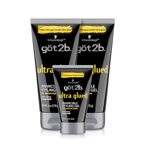 got2b Ultra Glued Invincible Styling Gel Set, 6 Fl Oz (2-Tube) + 1.25 Fl Oz Travel Size, Hair Gel for Men and Women with Extra Strong Hold, Non-Sticky, No-Flake Formula for Vertical Styles