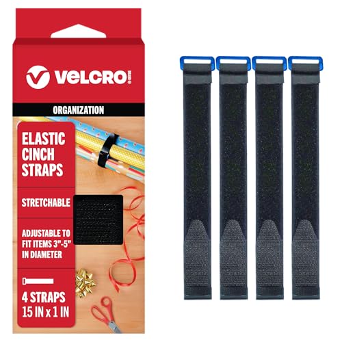 VELCRO Brand VEL-30792-AMS 15 Inch Elastic Straps 4 Pack | Stretchable and Adjustable for Snug Fit | Fasten Lumber, Yoga Mats, Tools, Camping Equipment, More | Cinch with Buckle, Black 15x1