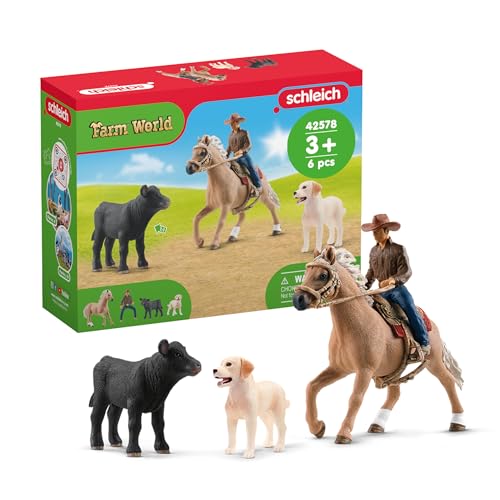 Schleich Farm World, Rodeo Toy for Kids, Western Riding Adventures with Cowboy, Rider, and Horse Toy, 6-Piece Set