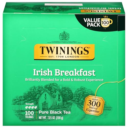 Twinings Irish Breakfast Black Tea Individually Wrapped Bags, 100 Count (Pack of 1), Flavourful, Bold, and Robust, Caffeinated, Enjoy Hot or Iced, 100 Teabags