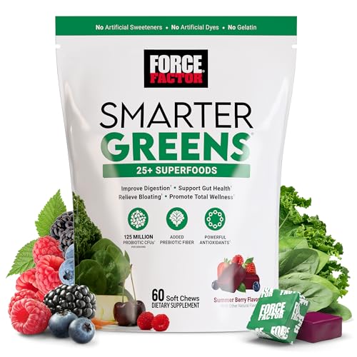 FORCE FACTOR Smarter Greens Superfood Chews, Greens and Superfoods with Probiotics, Antioxidants, and Fiber, Greens Supplement to Support Digestion, Nitric Oxide, and Energy, 60 Soft Chews