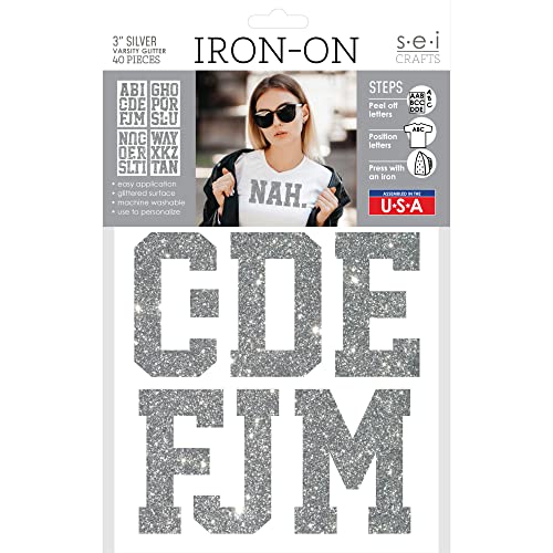 S.E.I 40 Pieces Iron on Letters: 3 Inch Glitter Iron On Letters for Clothing, Easy Application, Large Iron On Letters, Durable, Machine Washable, Heat Transfer Letters (Varsity Glitter, Silver)