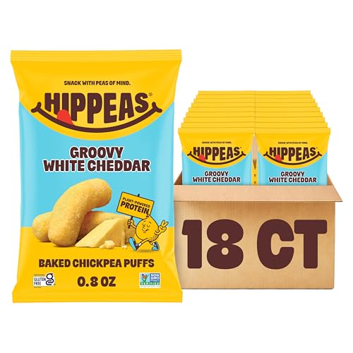 Hippeas Chickpea Puffs, Vegan White Cheddar, 0.8 Ounce (Pack of 18), 3g Protein, 2g Fiber, Vegan, Gluten-Free, Crunchy, Plant Protein Snacks
