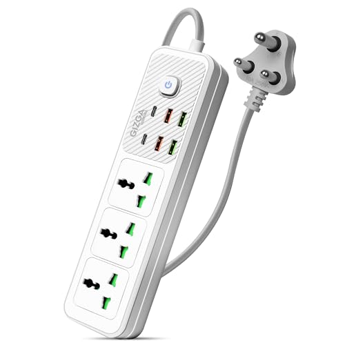 Gizga Essentials Extension Board with USB, 2500W | 3 Universal Sockets & 6 Charging Ports (4 USB-A + 2 Type-C) with Surge Protector | Child Safety Shu