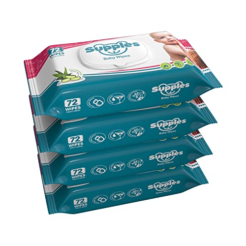 Amazon Brand - Supples Baby Wet Wipes with Lid | 288 Wipes | 72 Wipes x 4 Packs | Enriched With Aloe Vera and Vitamin E | Alcohol-Free and Paraben-Fre