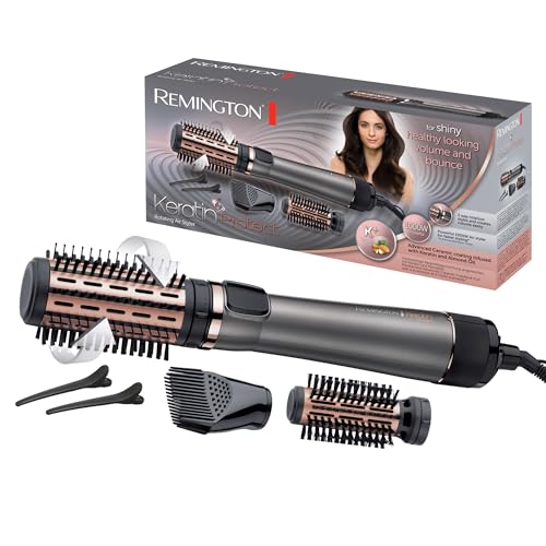 🔥 STARKER PREIS (-43%) Remington Warmluftbürste rotierend [automatisch] Keratin Protect (inkl.3 Aufsätze: 2 Rundbürsten+Haaransatz-Booster für mehr Volumen) + Haarklammern, Keramikbeschichtung mit Mandelöl, AS8811,Grau