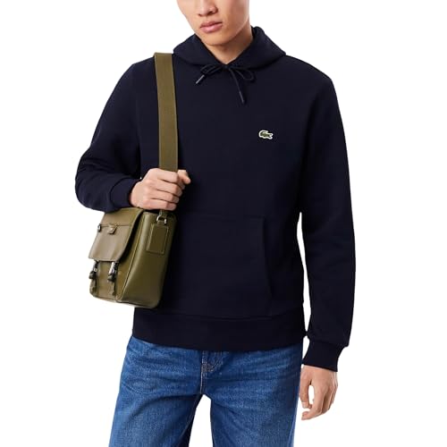 Lacoste Men's Long Sleeve Solid Pop Over Fleece Hoodie, Navy Blue, XX-Large