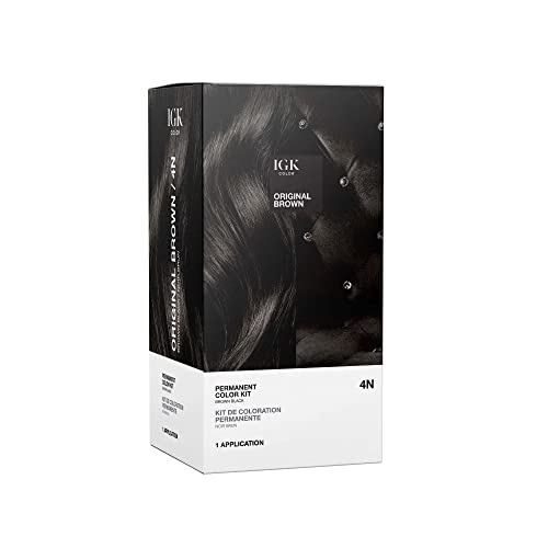 IGK Permanent Hair Dye Color Kit | 4N Original Brown - Brown Black | 100% Gray Color Coverage + Strengthen + Shine | Ammonia Free