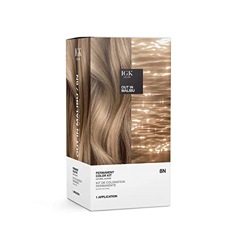 IGK Permanent Hair Dye Color Kit | 8N Out in Malibu - Natural Blonde | 100% Gray Color Coverage + Strengthen + Shine | Ammonia Free