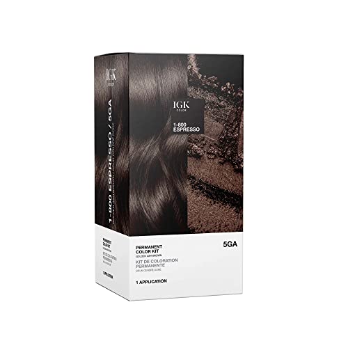 IGK Permanent Hair Dye Color Kit | 5GA 1-800 Espresso - Golden Ash Brown | 100% Gray Color Coverage + Strengthen + Shine | Ammonia Free