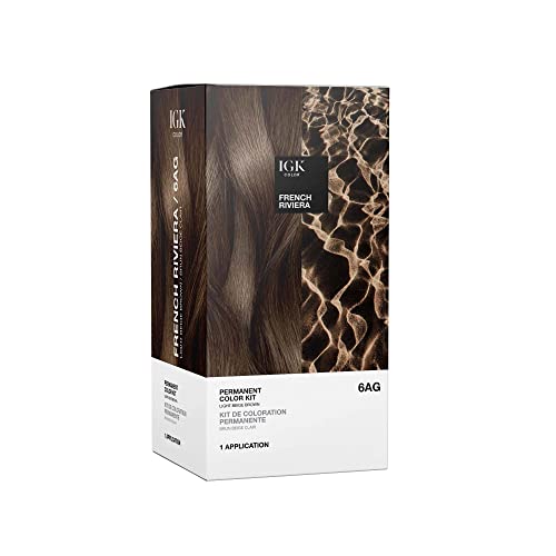 IGK Permanent Hair Dye Color Kit | 6AG French Riviera - Light Beige Brown | 100% Gray Color Coverage + Strengthen + Shine | Ammonia Free