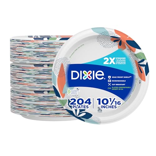 Dixie Large Paper Plates, 10 Inch, 204 Count, 2X Stronger*, Microwave-Safe, Soak-Proof, Cut Resistant, Disposable Plates For Everyday Breakfast, Lunch, & Dinner Meals